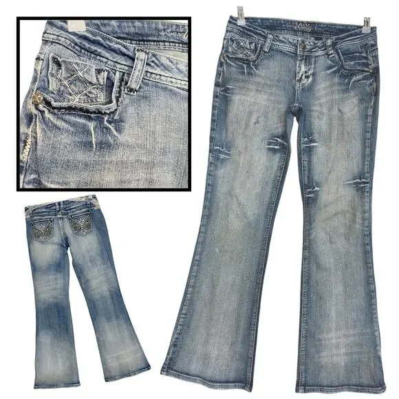Vintage Y2K Low Rise Flare Jeans 29 Embroidered Studded Grunge Mall Grunge - Picture 4 of 13